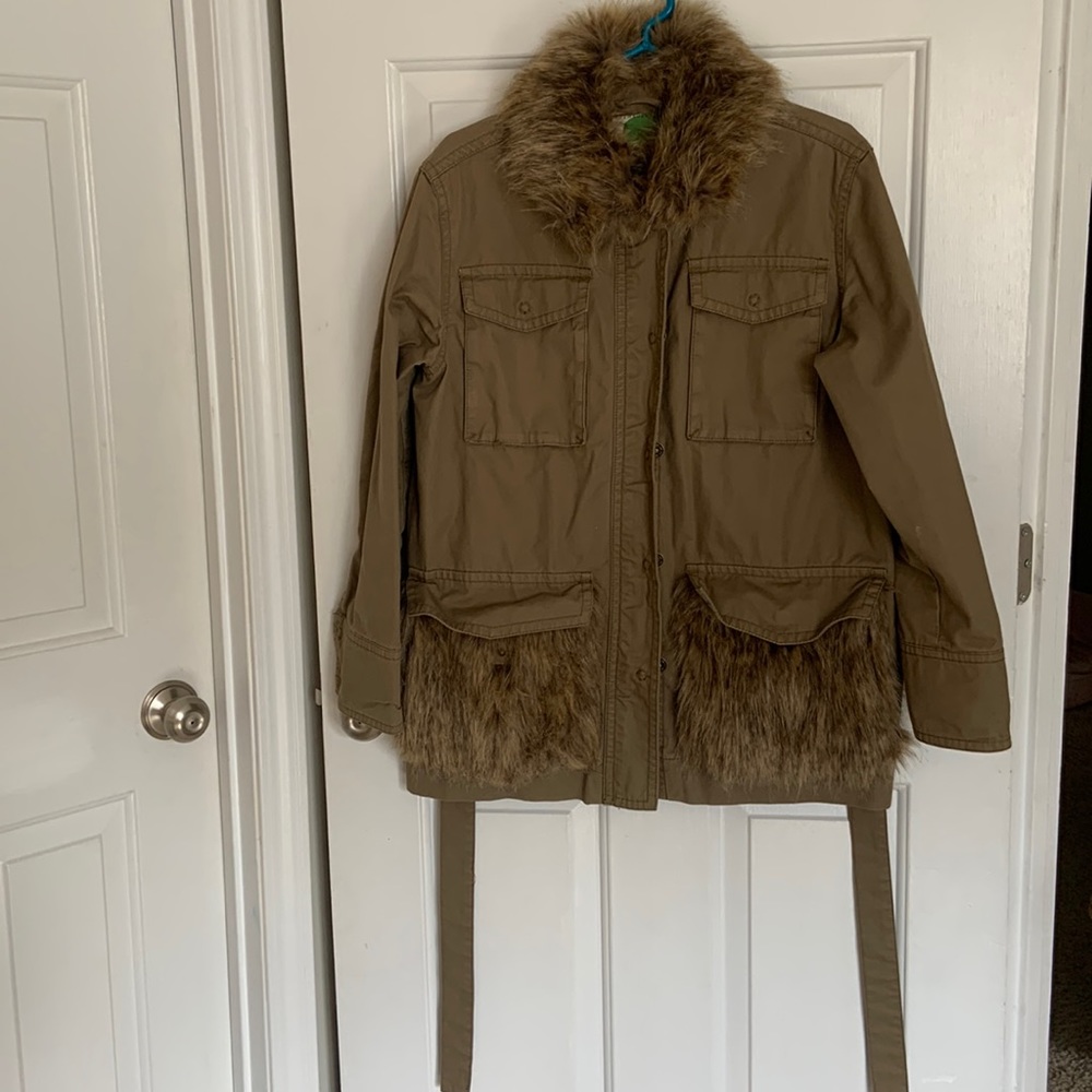 Anthropologie Army Green Fur Trim Canvas Jacket - size Small